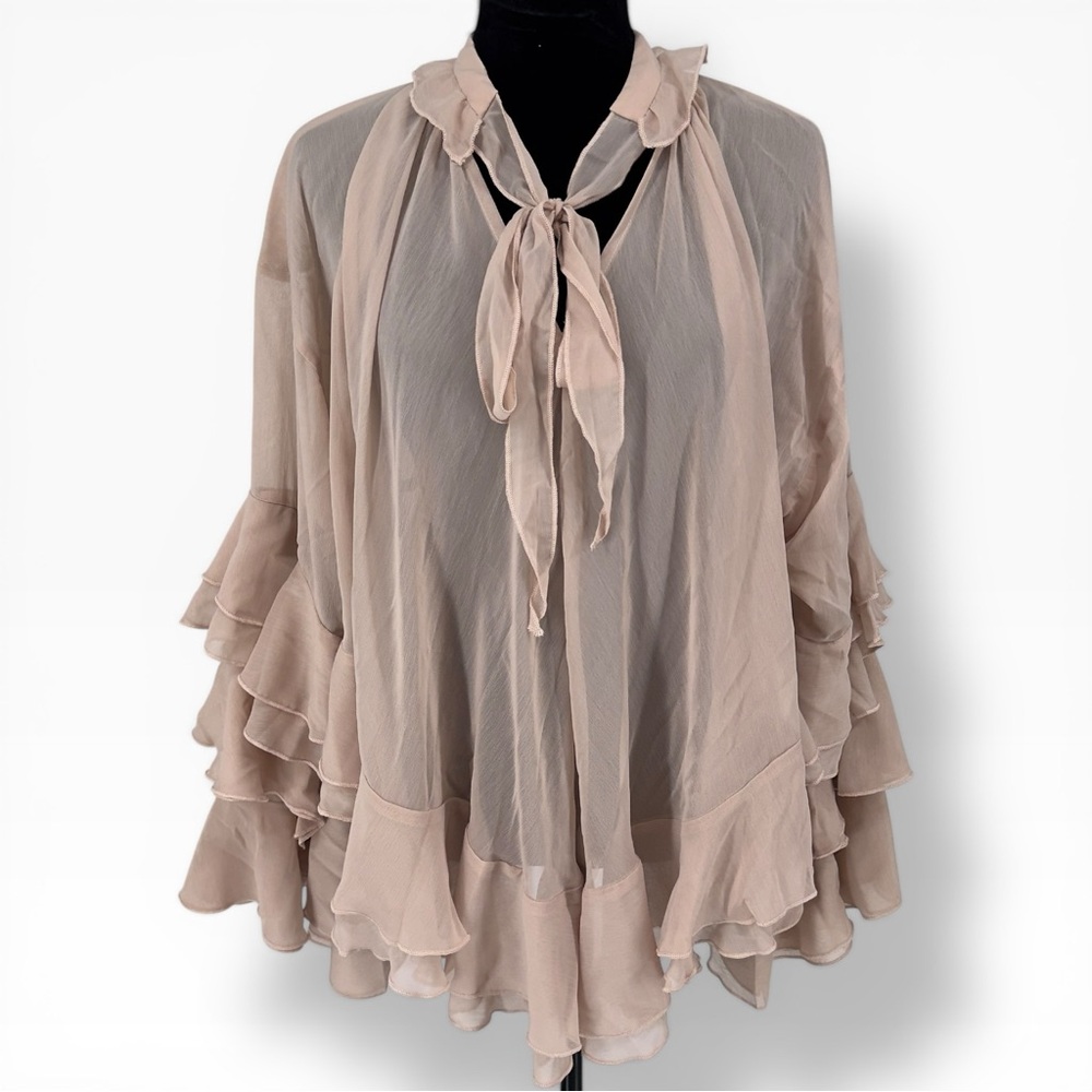 Commense Mauve Chiffon Ruffle Blouse Small Sheer Tie Neck Bell Sleeve Boho Top